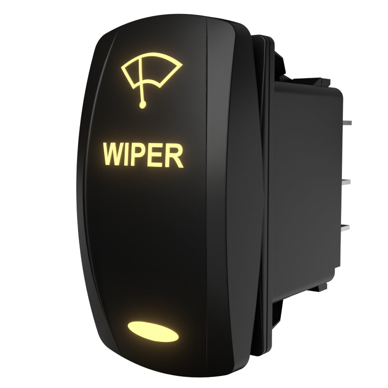 Angled side-rear view of illuminated WIPER rocker switch showing yellow icon/text and three metal terminals