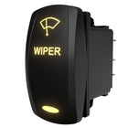 Angled side-rear view of illuminated WIPER rocker switch showing yellow icon/text and three metal terminals