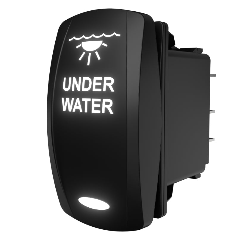 Three-quarter rear view of illuminated rocker switch labeled 'UNDER WATER', showing spade terminals.