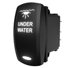 Three-quarter rear view of illuminated rocker switch labeled 'UNDER WATER', showing spade terminals.
