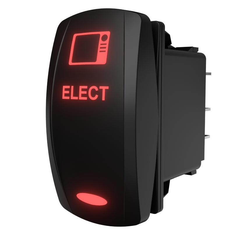Angled rear-side view of illuminated red ELECT rocker switch showing spade terminals