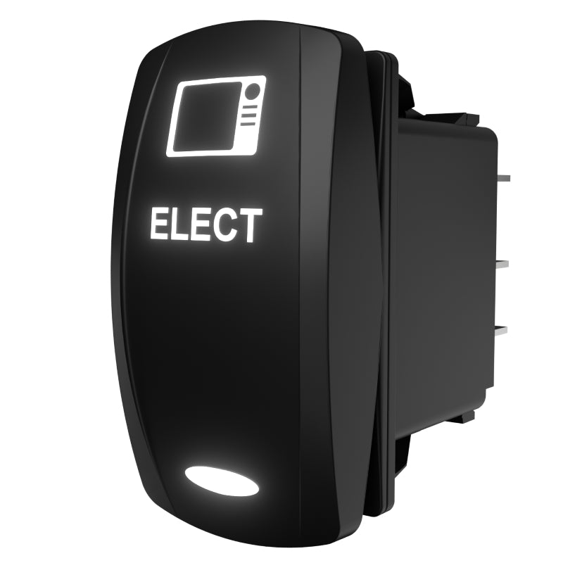 Carling Technologies illuminated rocker switch, angled rear view with ELECT label, spade terminals and clip