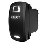 Carling Technologies illuminated rocker switch, angled rear view with ELECT label, spade terminals and clip