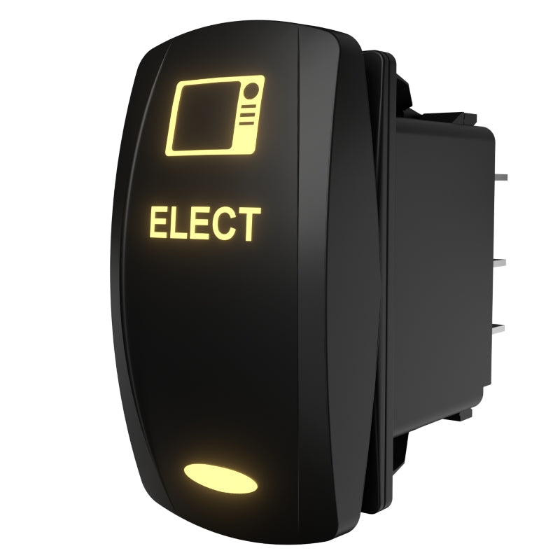 Carling illuminated rocker switch, angled rear-side view showing glowing "ELECT" legend, icon and terminal pins