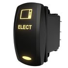 Carling illuminated rocker switch, angled rear-side view showing glowing "ELECT" legend, icon and terminal pins
