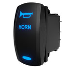 Carling horn rocker switch, angled rear-side view with illuminated blue horn icon and visible connector pins