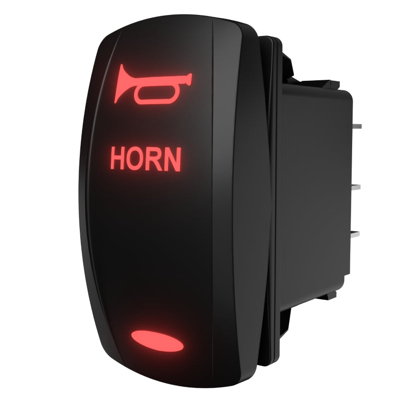 Angled rear-side view of illuminated horn rocker switch showing red icon, spade terminals and mounting clip