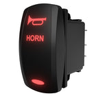 Angled rear-side view of illuminated horn rocker switch showing red icon, spade terminals and mounting clip