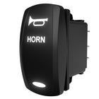 Carling Technologies horn rocker switch, angled view showing illuminated face and rear spade terminals.
