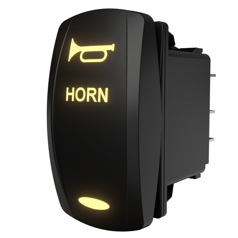 Carling horn rocker switch, angled front-side view showing illuminated horn icon/text and rear spade terminals
