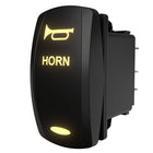 Carling horn rocker switch, angled front-side view showing illuminated horn icon/text and rear spade terminals