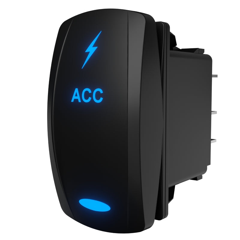 ACC illuminated rocker switch, angled rear-side view showing blue ACC label, lightning icon, and terminals