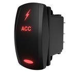 Angled side/rear view of ACC rocker switch showing red backlit ACC label, lightning icon and spade terminals
