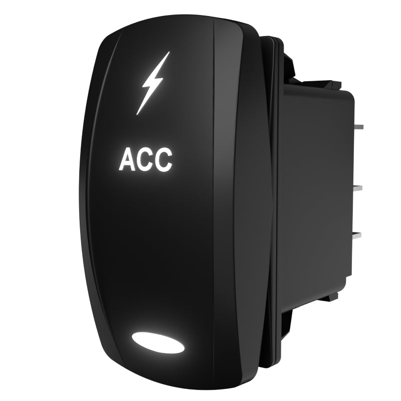 Carling ACC illuminated rocker switch, angled side view showing lit legend and rear spade terminals
