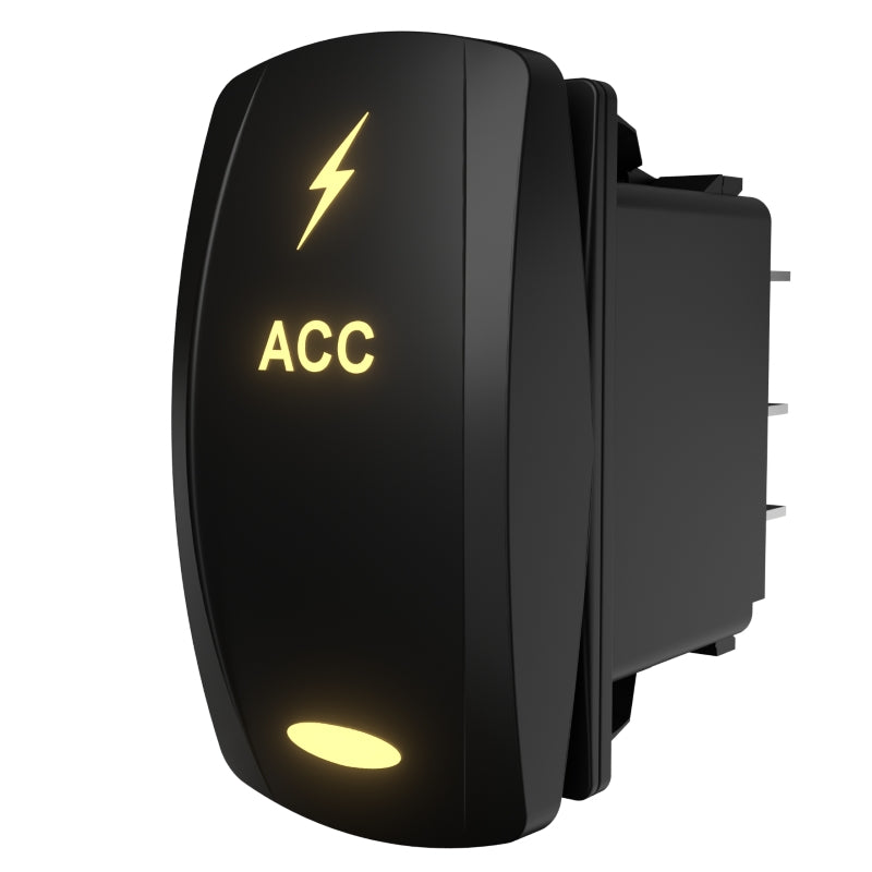 Angled side-rear view of ACC illuminated rocker switch showing legend, LED and three spade terminals