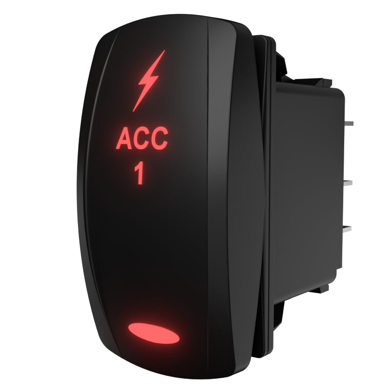 Carling illuminated ACC 1 rocker switch, angled rear view showing spade terminals and mounting clip