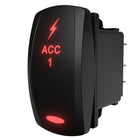 Carling illuminated ACC 1 rocker switch, angled rear view showing spade terminals and mounting clip