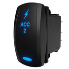 ACC 2 illuminated rocker switch by Carling, angled side-rear view showing spade terminals and housing