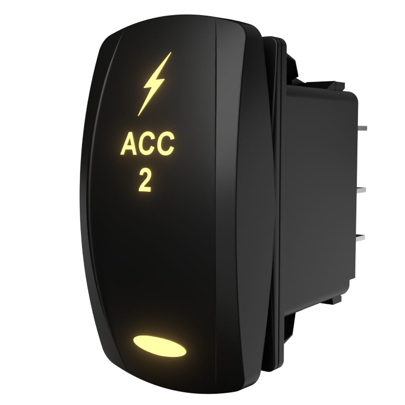 Carling ACC 2 illuminated rocker switch, angled side/rear view showing spade terminals and lit legend