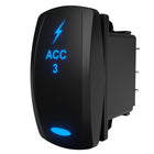 Illuminated ACC 3 rocker switch, angled side/rear view showing front legend and exposed wiring terminals