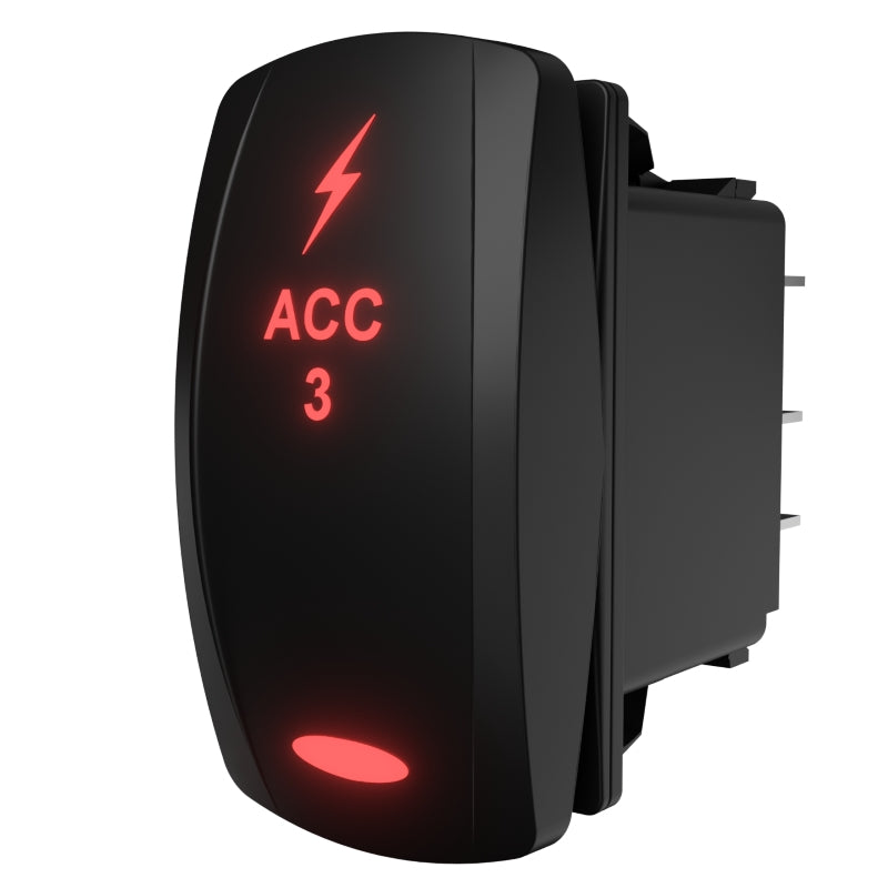 Carling ACC 3 illuminated rocker switch, side angle showing glowing legend and rear terminals.