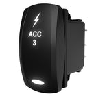 Carling Technologies ACC 3 illuminated rocker switch, angled side/rear view showing blade terminals