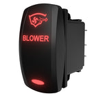 Carling blower rocker switch, angled front-right view with illuminated red legend and rear spade terminals