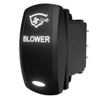 Carling Technologies blower rocker switch, angled rear-side view showing illuminated legend and terminal pins.