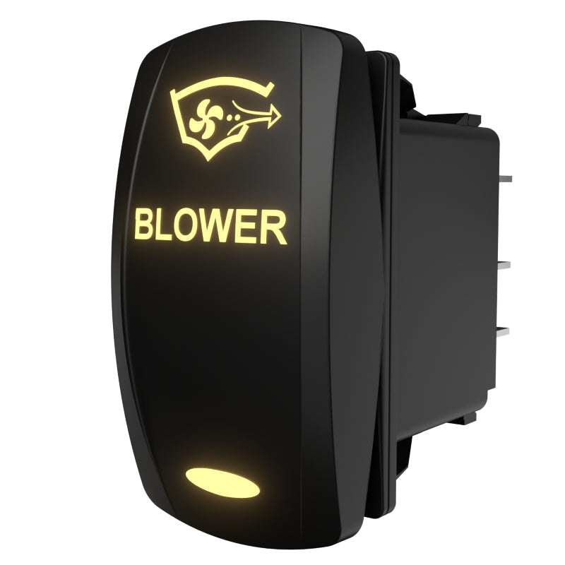 Angled side and rear view of lit black rocker switch labeled BLOWER, showing rear housing and three spade pins.