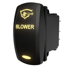 Angled side and rear view of lit black rocker switch labeled BLOWER, showing rear housing and three spade pins.