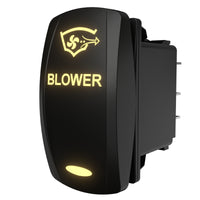 Angled side and rear view of lit black rocker switch labeled BLOWER, showing rear housing and three spade pins.