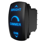 Carling Technologies dimmer, angled front with blue backlit BRIGHT/DIM labels and rear connector pins visible.