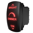 Carling Technologies dimmer, angled front-right view showing illuminated red labels and rear connector pins