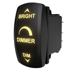 Carling Technologies dimmer, side/rear view showing illuminated front labels and exposed spade terminals.