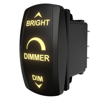 Carling Technologies dimmer, side/rear view showing illuminated front labels and exposed spade terminals.
