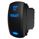Angled side/rear view of illuminated toilet rocker switch with blue legend, spade terminals and mounting clip