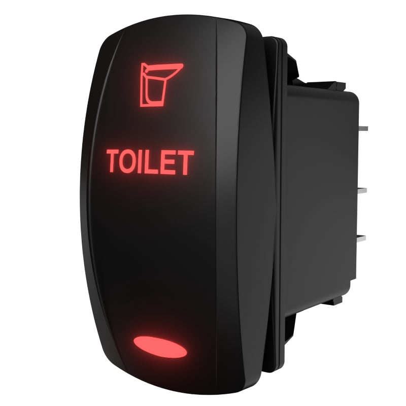 Angled side-rear view of backlit TOILET rocker switch with red illumination and exposed rear terminals.