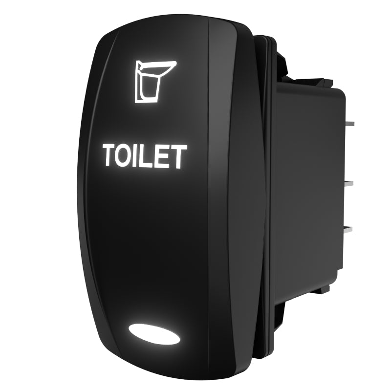 Angled side/rear view of Carling illuminated marine toilet rocker switch with exposed terminal pins