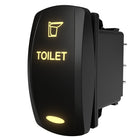 Carling Technologies illuminated 'TOILET' rocker switch, angled side view showing rear housing and terminals