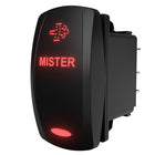 MISTER rocker switch, angled right-side view showing illuminated legend and mist icon and rear terminals.