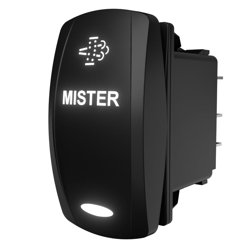 Angled side view of MISTER rocker switch showing illuminated legend and spray icon plus rear connector pins