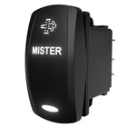 Angled side view of MISTER rocker switch showing illuminated legend and spray icon plus rear connector pins