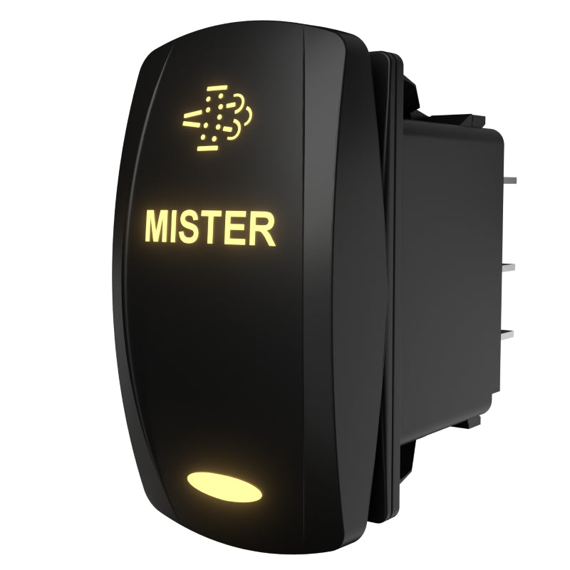 MISTER illuminated rocker switch, angled side/rear view showing glowing legend and three spade terminals