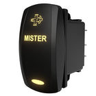 MISTER illuminated rocker switch, angled side/rear view showing glowing legend and three spade terminals