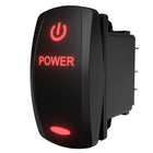 Carling Technologies POWER illuminated rocker switch, angled side/rear view showing terminals.