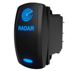 Carling RADAR illuminated rocker switch, angled rear-side view showing blue icon, label and connector pins