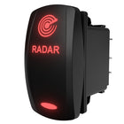 Carling radar rocker switch, side-rear view showing illuminated red icon and exposed spade terminals