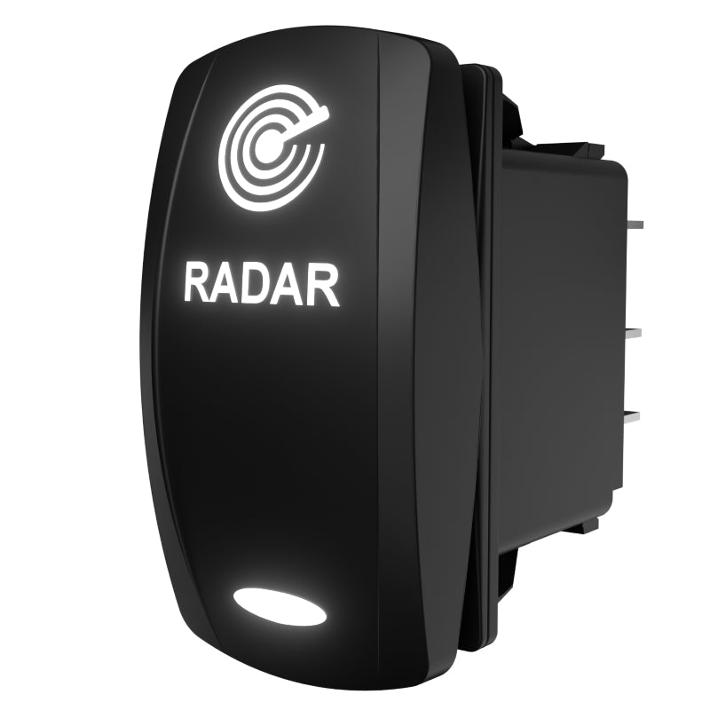 RADAR illuminated rocker switch, angled rear-side view showing lit legend, logo and rear connector pins
