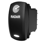 RADAR illuminated rocker switch, angled rear-side view showing lit legend, logo and rear connector pins