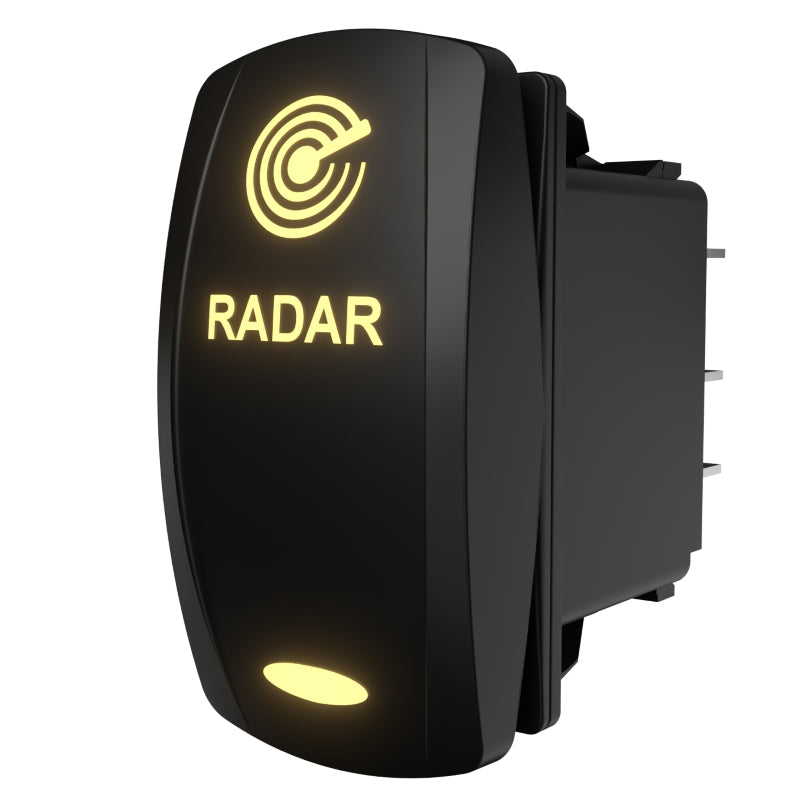 Illuminated RADAR rocker switch, side-angle view showing lit legend and rear connector pins.